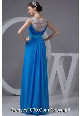 Beading and Ruches Accent Long Blue Scoop Prom Gown Dresses