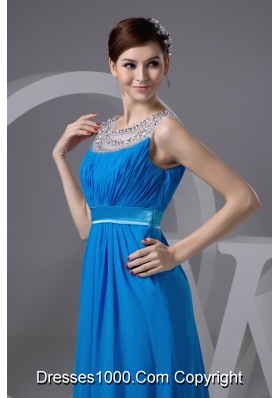 Beading and Ruches Accent Long Blue Scoop Prom Gown Dresses