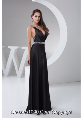 Beading V-neck Black Prom formal Dress with the Back Cut Out