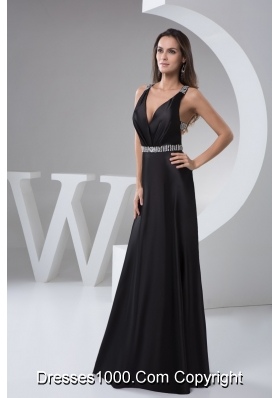 Beading V-neck Black Prom formal Dress with the Back Cut Out