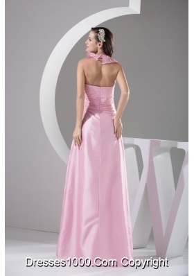 Floor-length Pink Flounced Halter Top Prom Gown Dress for Woman