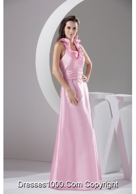 Floor-length Pink Flounced Halter Top Prom Gown Dress for Woman