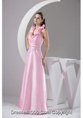 Floor-length Pink Flounced Halter Top Prom Gown Dress for Woman