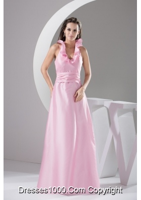 Floor-length Pink Flounced Halter Top Prom Gown Dress for Woman