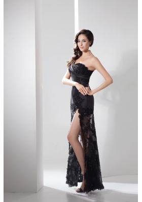 One Shoulder Black Sheath Slit Prom Dress with Single Short Sleeve