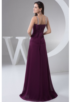 Purple Brush Train Prom Evening Dress with Ruches and Beading