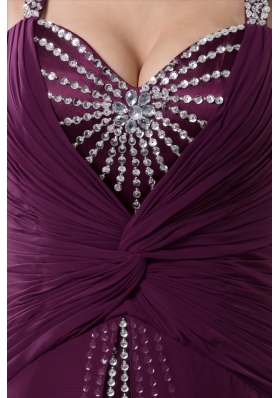 Purple Brush Train Prom Evening Dress with Ruches and Beading