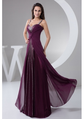 Purple Brush Train Prom Evening Dress with Ruches and Beading