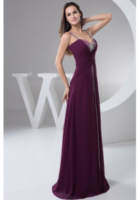 Purple Brush Train Prom Evening Dress with Ruches and Beading