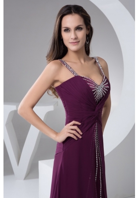 Purple Brush Train Prom Evening Dress with Ruches and Beading