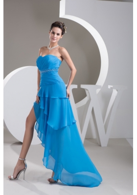 Ruche Beading and Sash Back Covered Prom Dresses with Asymmetrical Edge