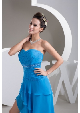 Ruche Beading and Sash Back Covered Prom Dresses with Asymmetrical Edge