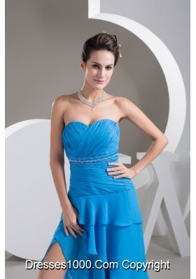 Ruche Beading and Sash Back Covered Prom Dresses with Asymmetrical Edge