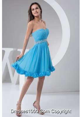 Ruched and Beaded A-line Prom Holiday Dress in Aqua Blue