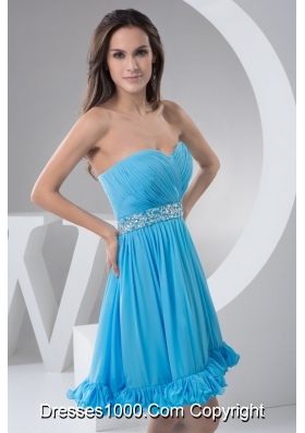 Ruched and Beaded A-line Prom Holiday Dress in Aqua Blue