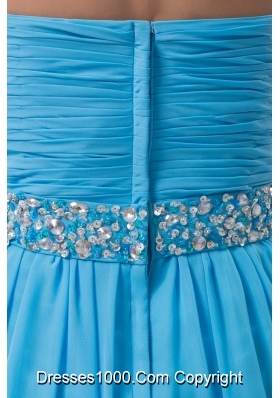 Ruched and Beaded A-line Prom Holiday Dress in Aqua Blue