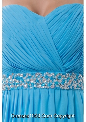 Ruched and Beaded A-line Prom Holiday Dress in Aqua Blue