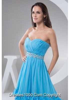 Ruched and Beaded A-line Prom Holiday Dress in Aqua Blue