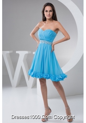 Ruched and Beaded A-line Prom Holiday Dress in Aqua Blue