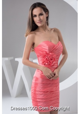 Ruched and Floral Watermelon Prom Celebrity Dress of Mini-length