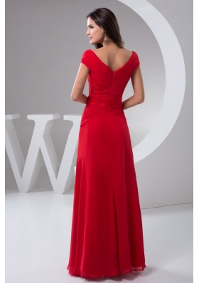 Ruched Off-the-shoulder Red Floor-length Prom Holiday Dress