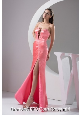 Sheath Beading and High Slit Decorated Prom Gowns with Cool Neckline