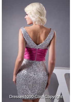 Silver V-neck Prom Graduation Dress with Ruche Hot Pink Belt