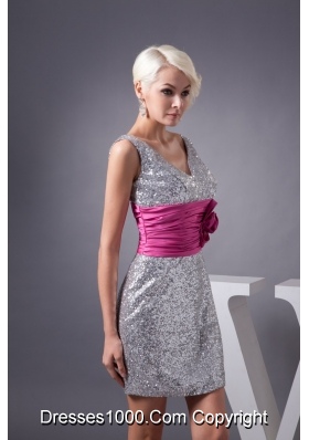 Silver V-neck Prom Graduation Dress with Ruche Hot Pink Belt