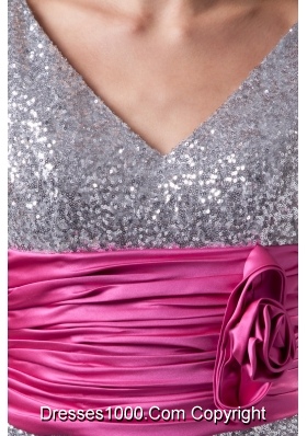 Silver V-neck Prom Graduation Dress with Ruche Hot Pink Belt