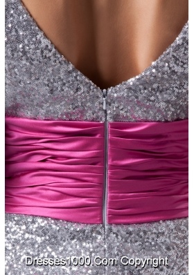 Silver V-neck Prom Graduation Dress with Ruche Hot Pink Belt