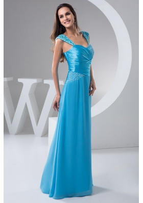 Straps Blue Floor-length Prom formal Dress with Ruches and Beading