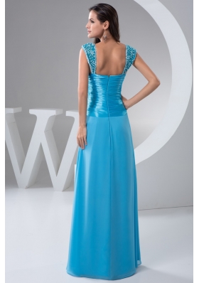 Straps Blue Floor-length Prom formal Dress with Ruches and Beading