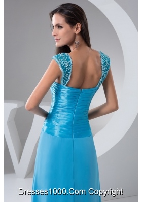 Straps Blue Floor-length Prom formal Dress with Ruches and Beading