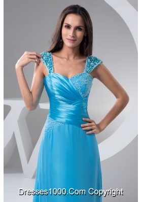 Straps Blue Floor-length Prom formal Dress with Ruches and Beading