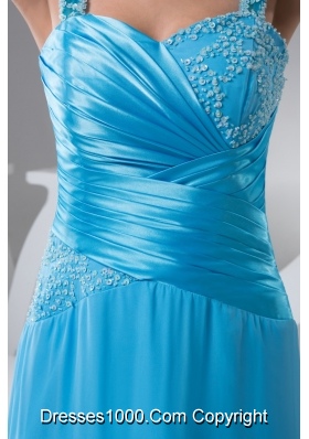 Straps Blue Floor-length Prom formal Dress with Ruches and Beading