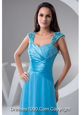 Straps Blue Floor-length Prom formal Dress with Ruches and Beading