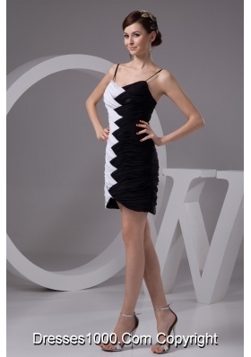 White and Black Spaghetti Straps Prom Dresses with Asymmetrical Edge