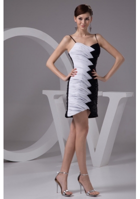 White and Black Spaghetti Straps Prom Dresses with Asymmetrical Edge