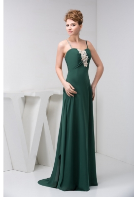 Appliqued Dark Green Prom Holiday Dress with Spaghetti Straps