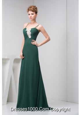 Appliqued Dark Green Prom Holiday Dress with Spaghetti Straps