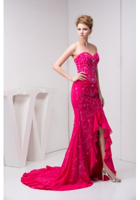 Beaded and Flounced Chiffon Prom Evening Dress in Hot Pink