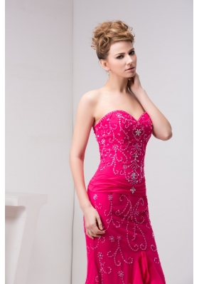 Beaded and Flounced Chiffon Prom Evening Dress in Hot Pink