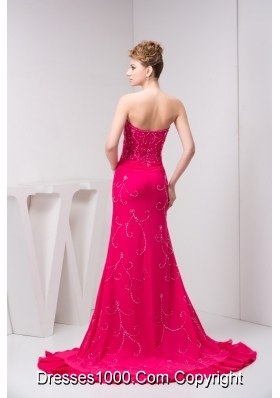 Beaded and Flounced Chiffon Prom Evening Dress in Hot Pink