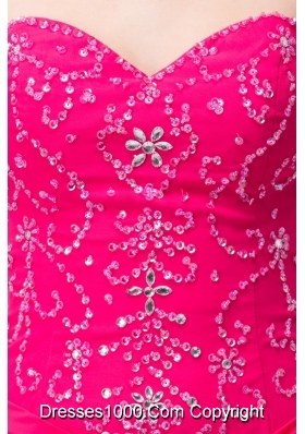 Beaded and Flounced Chiffon Prom Evening Dress in Hot Pink