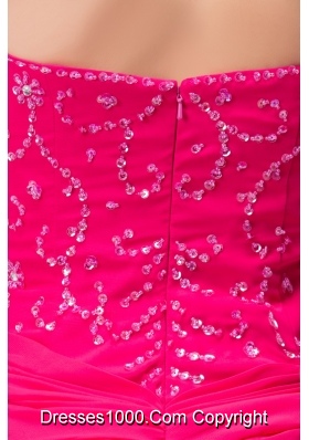 Beaded and Flounced Chiffon Prom Evening Dress in Hot Pink