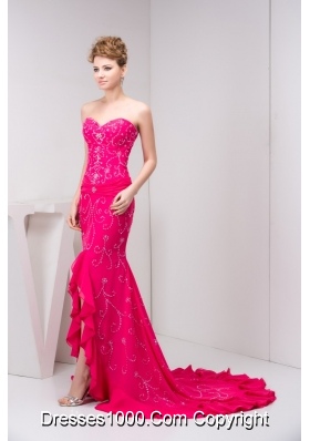 Beaded and Flounced Chiffon Prom Evening Dress in Hot Pink