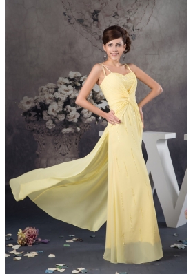 Beaded and Ruched Light Yellow Prom Dresses with Spaghetti Straps