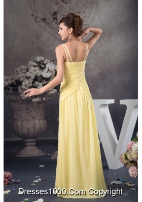 Beaded and Ruched Light Yellow Prom Dresses with Spaghetti Straps