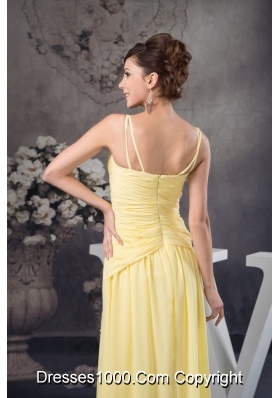 Beaded and Ruched Light Yellow Prom Dresses with Spaghetti Straps