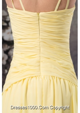 Beaded and Ruched Light Yellow Prom Dresses with Spaghetti Straps